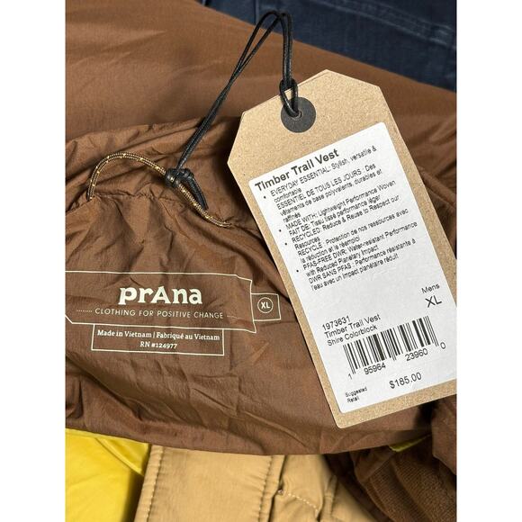 prAna Timber Trail Vest Mens XL Brown Tan Shire Colorblock Down Puffer Outdoor - Picture 3 of 6